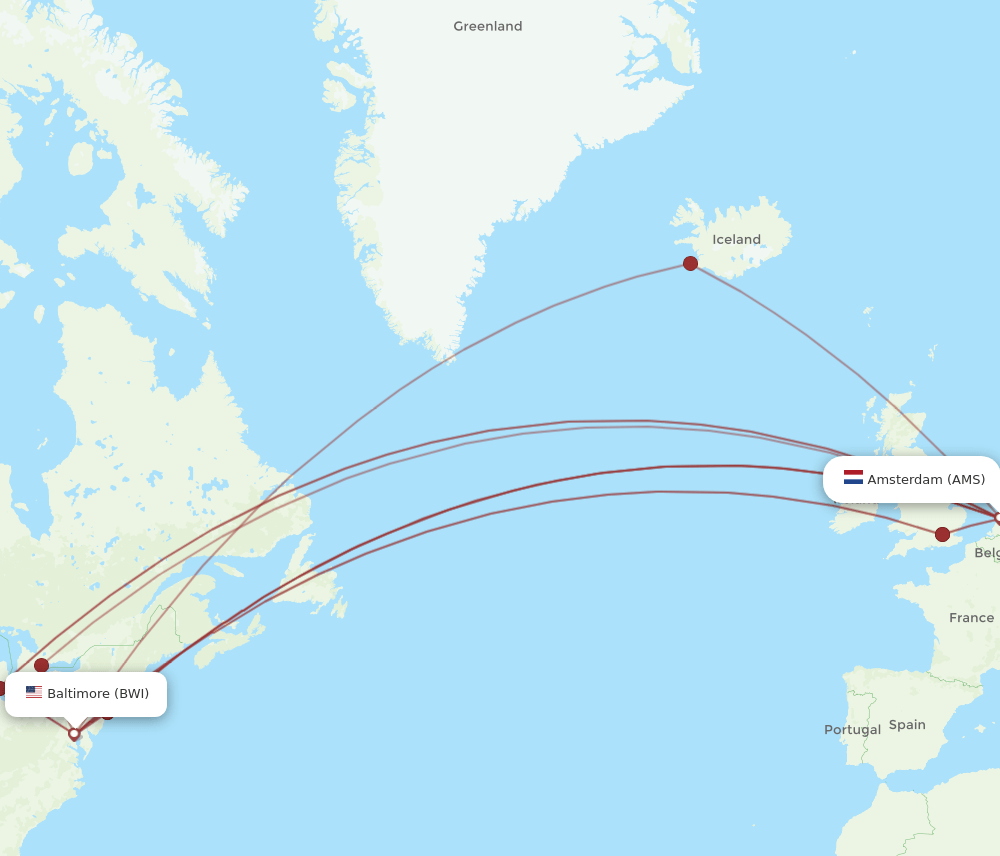 BWI to AMS flights and routes map