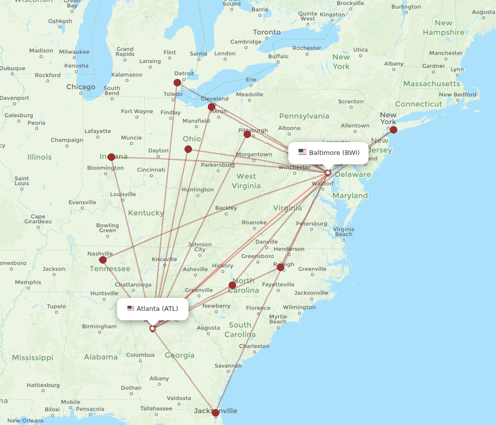 Baltimore - Atlanta route map and flight paths