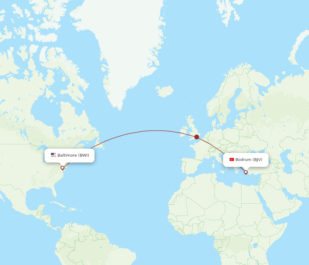 Bodrum - Baltimore route map and flight paths