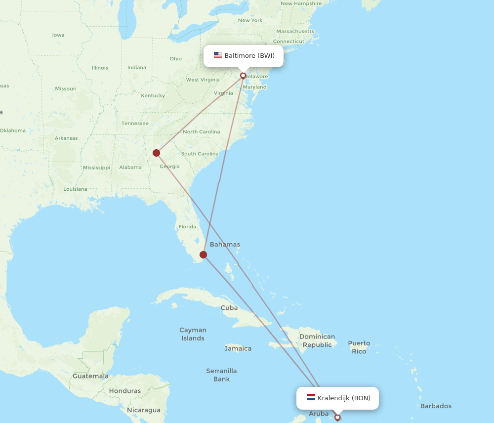 BWI to BON flights and routes map