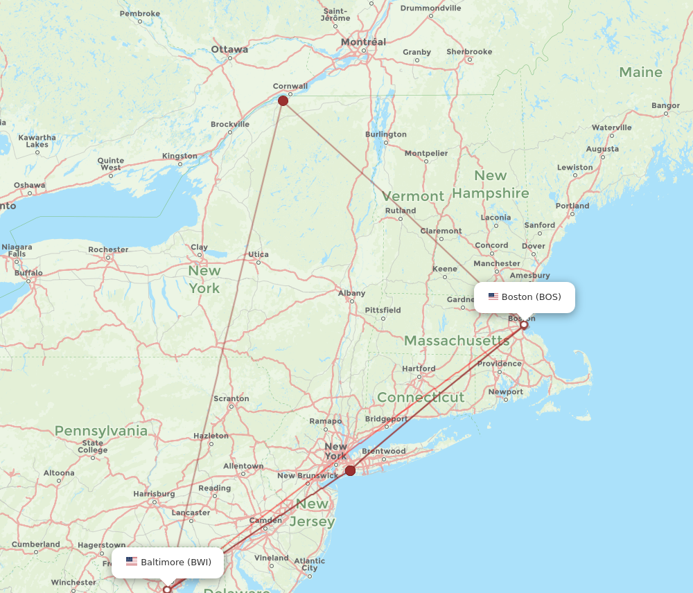 BWI to BOS flights and routes map