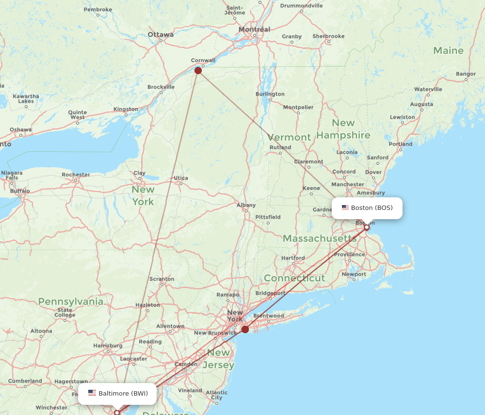 BWI to BOS flights and routes map