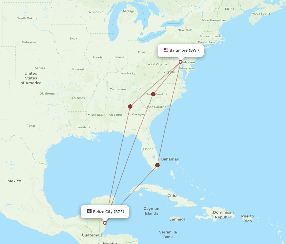 BWI to BZE flights and routes map