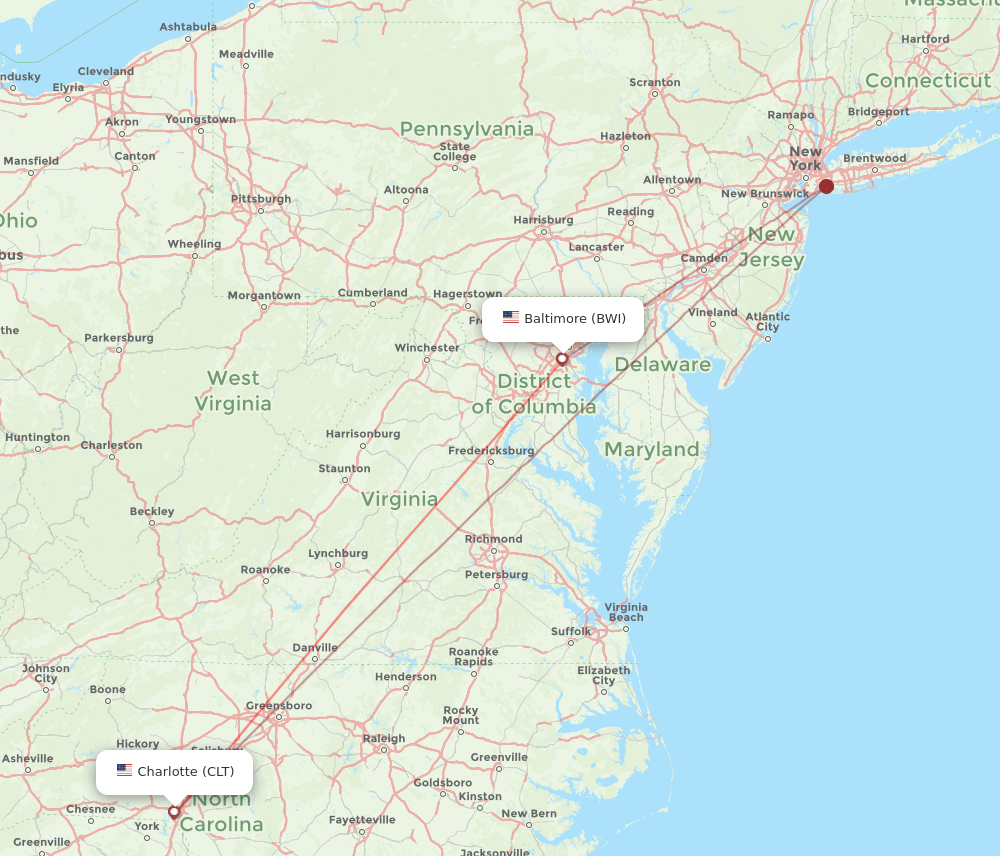 BWI to CLT flights and routes map