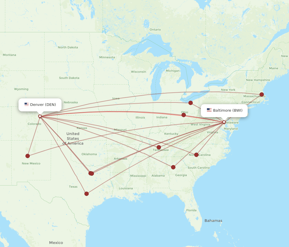 BWI to DEN flights and routes map