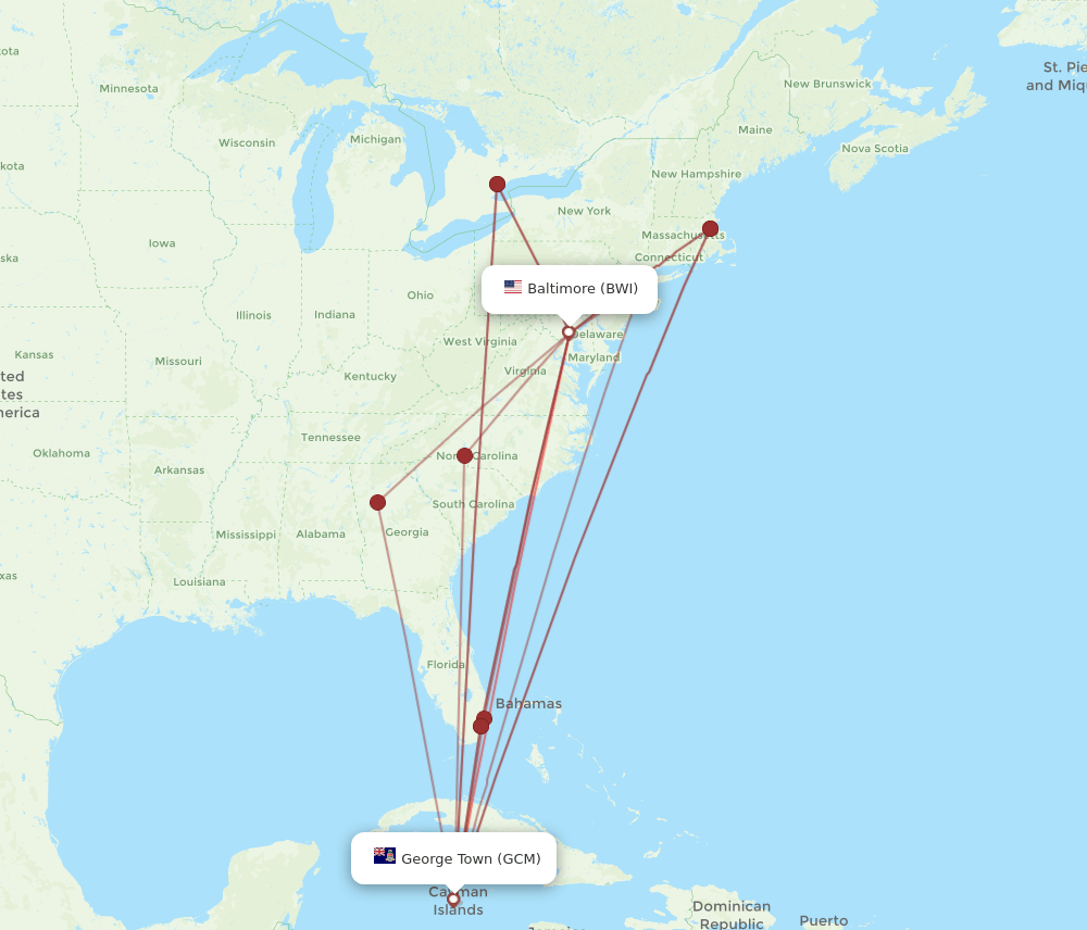 BWI to GCM flights and routes map