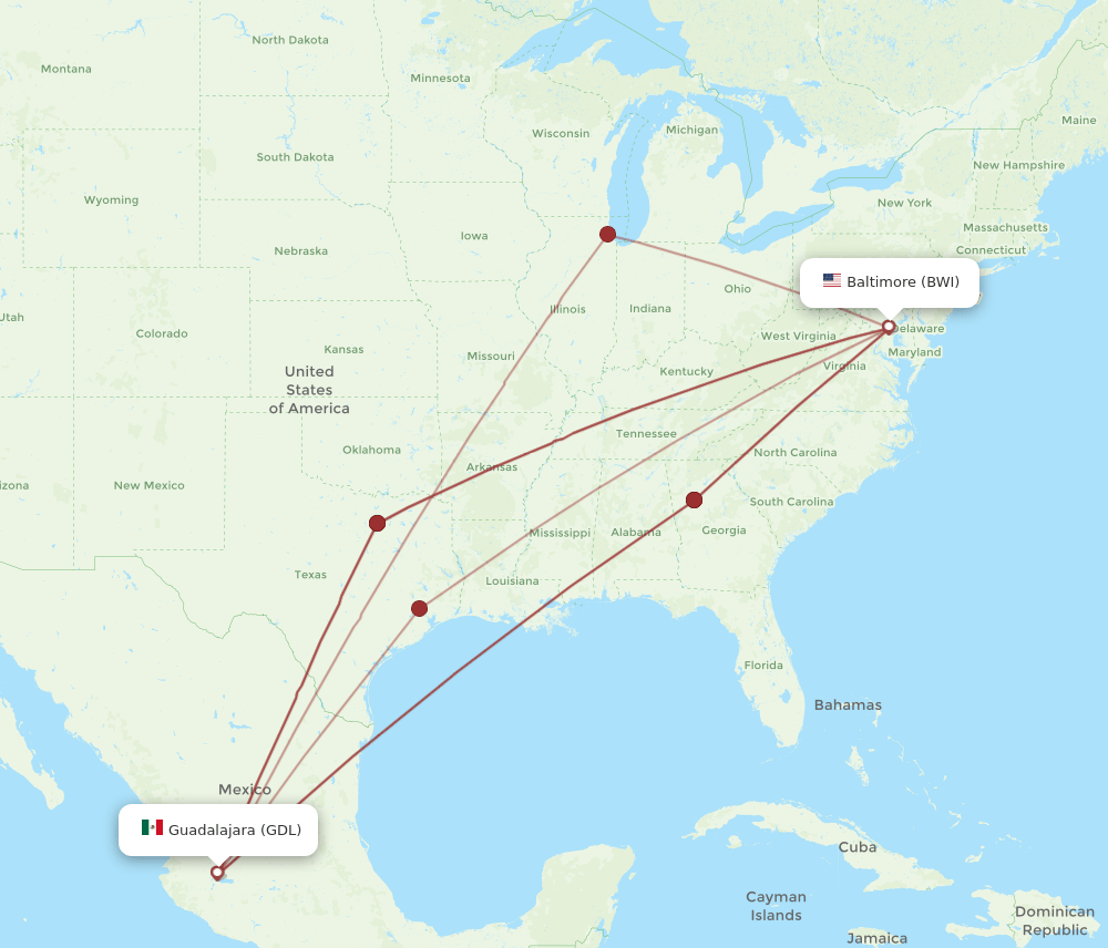 BWI-GDL flight routes