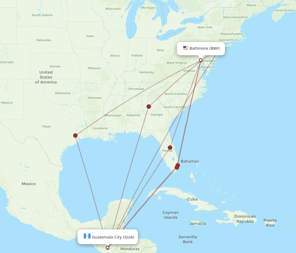 BWI-GUA flight routes