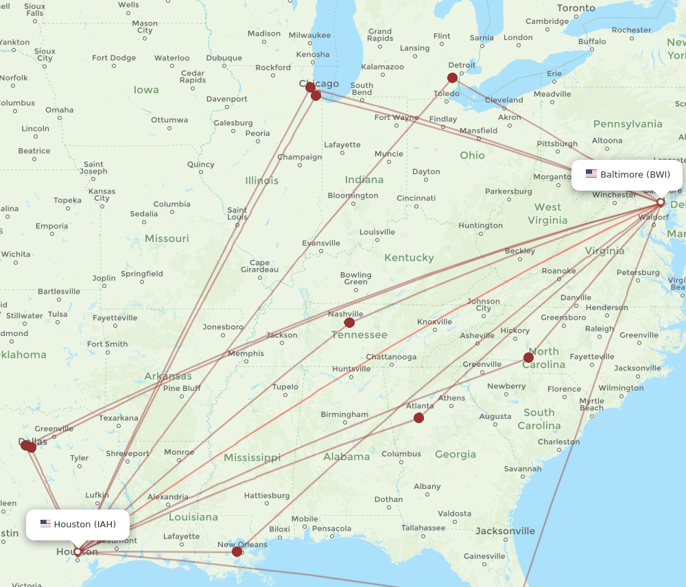 BWI-IAH flight routes
