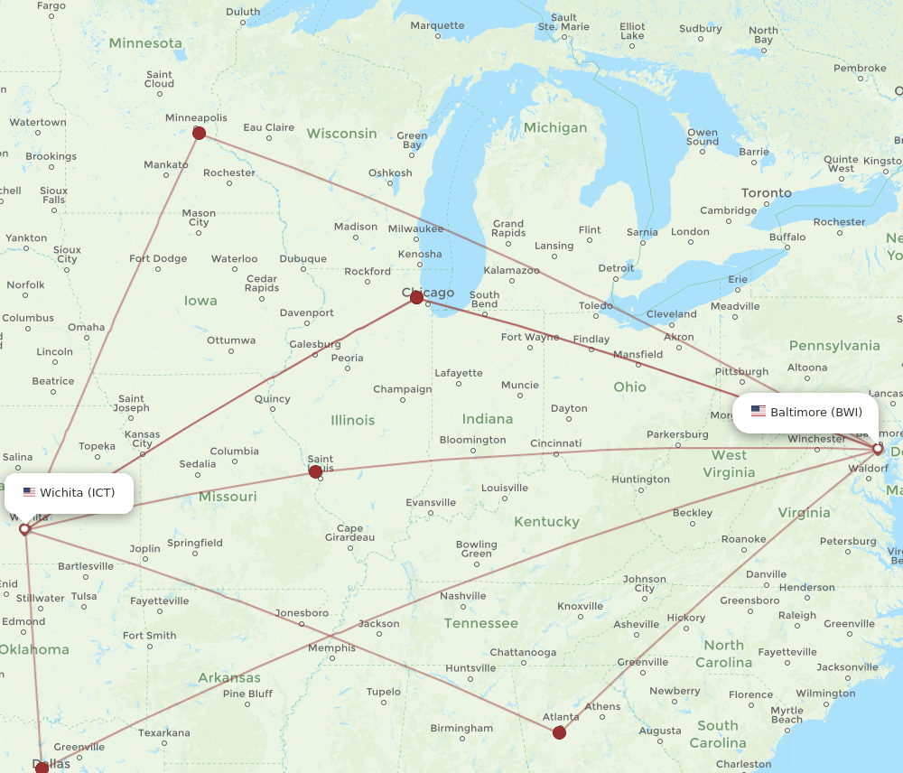 BWI to ICT flights and routes map