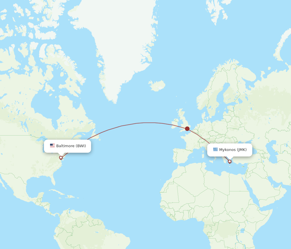 Mykonos - Baltimore route map and flight paths