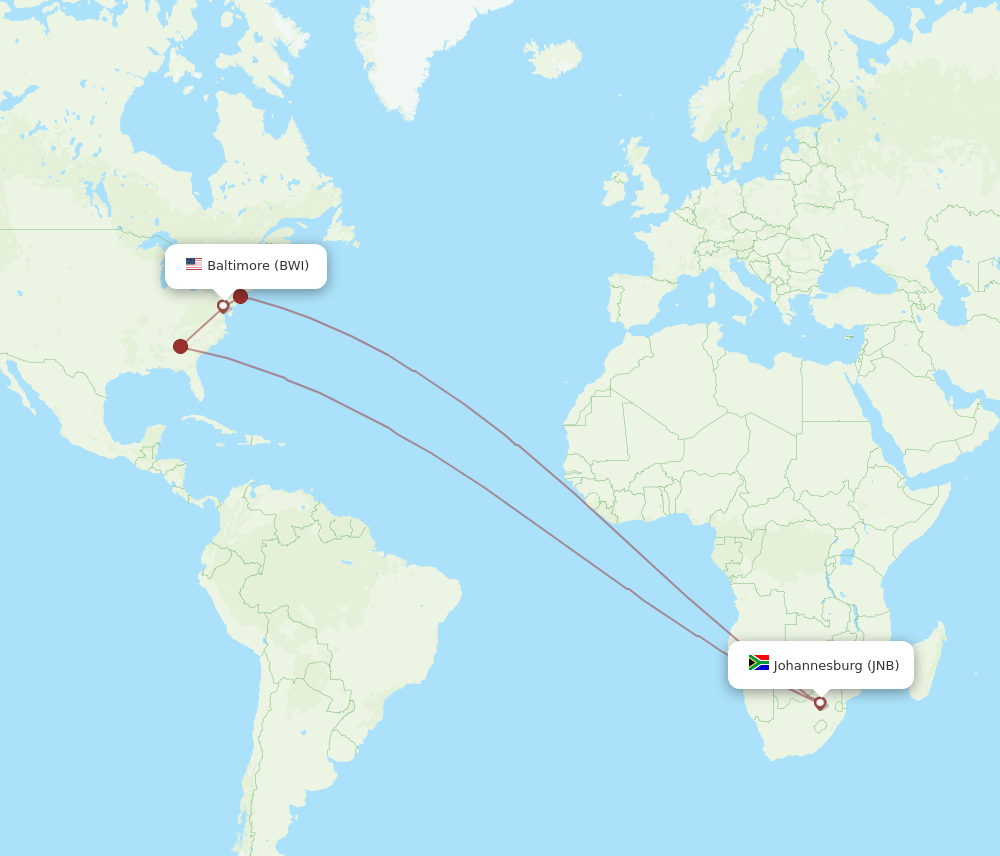 BWI to JNB flights and routes map