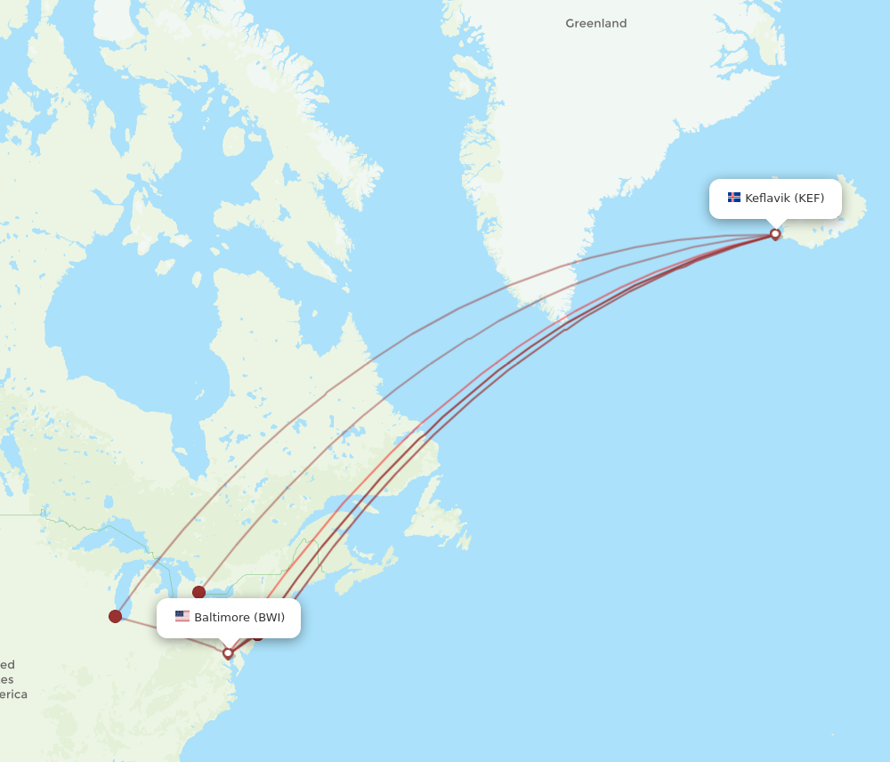 BWI to KEF flights and routes map