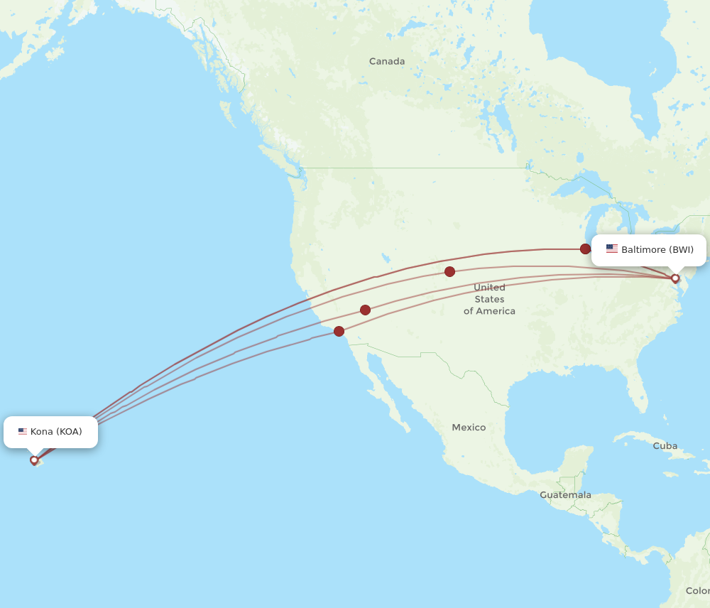 BWI to KOA flights and routes map