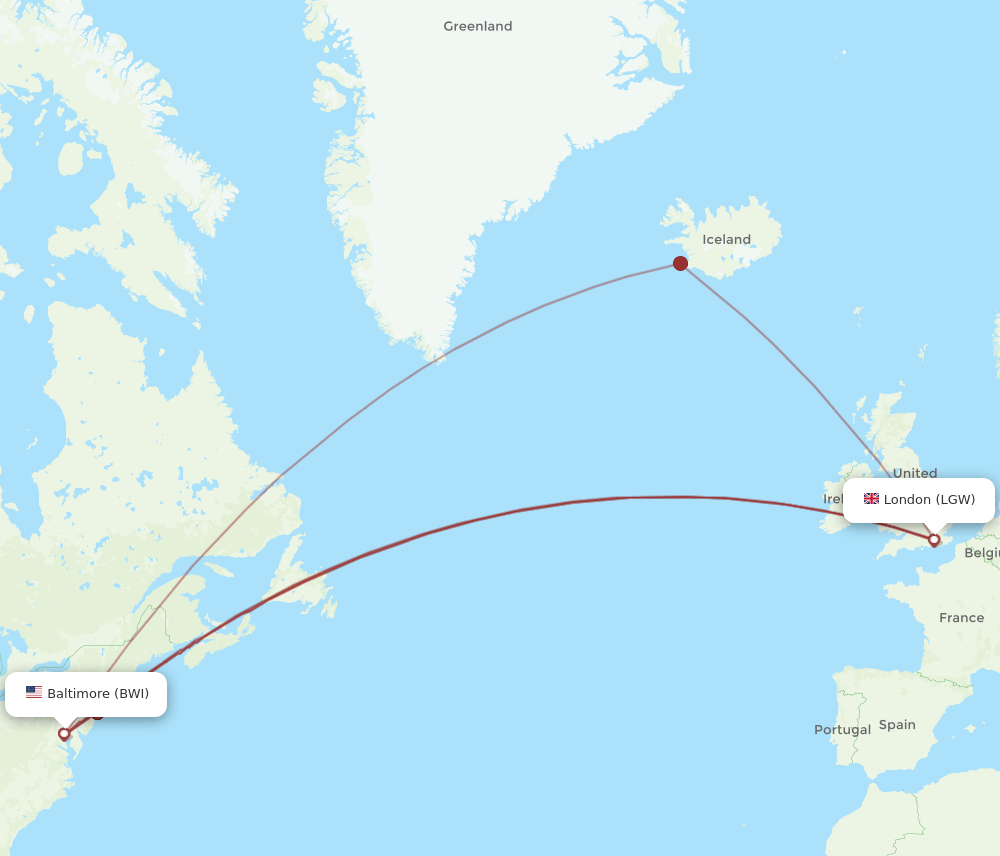 BWI to LGW flights and routes map