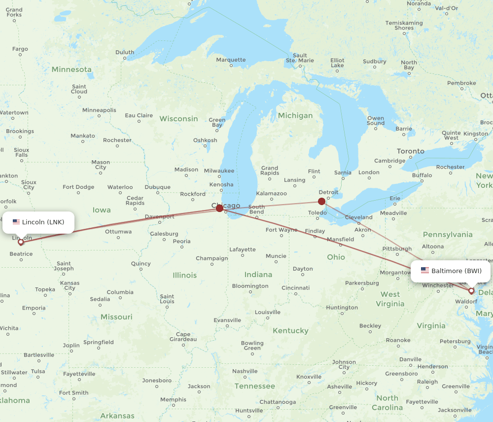 BWI-LNK flight routes