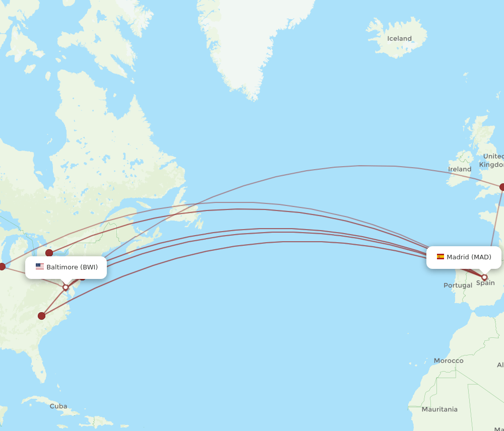 BWI to MAD flights and routes map