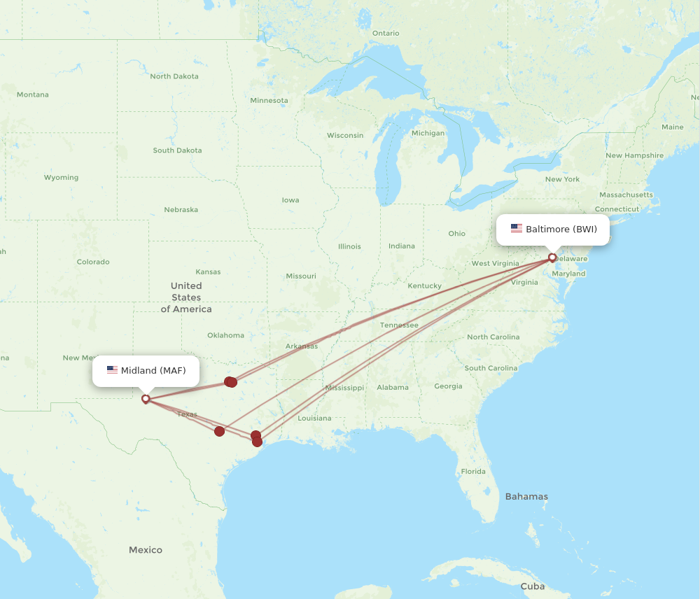 BWI to MAF flights and routes map