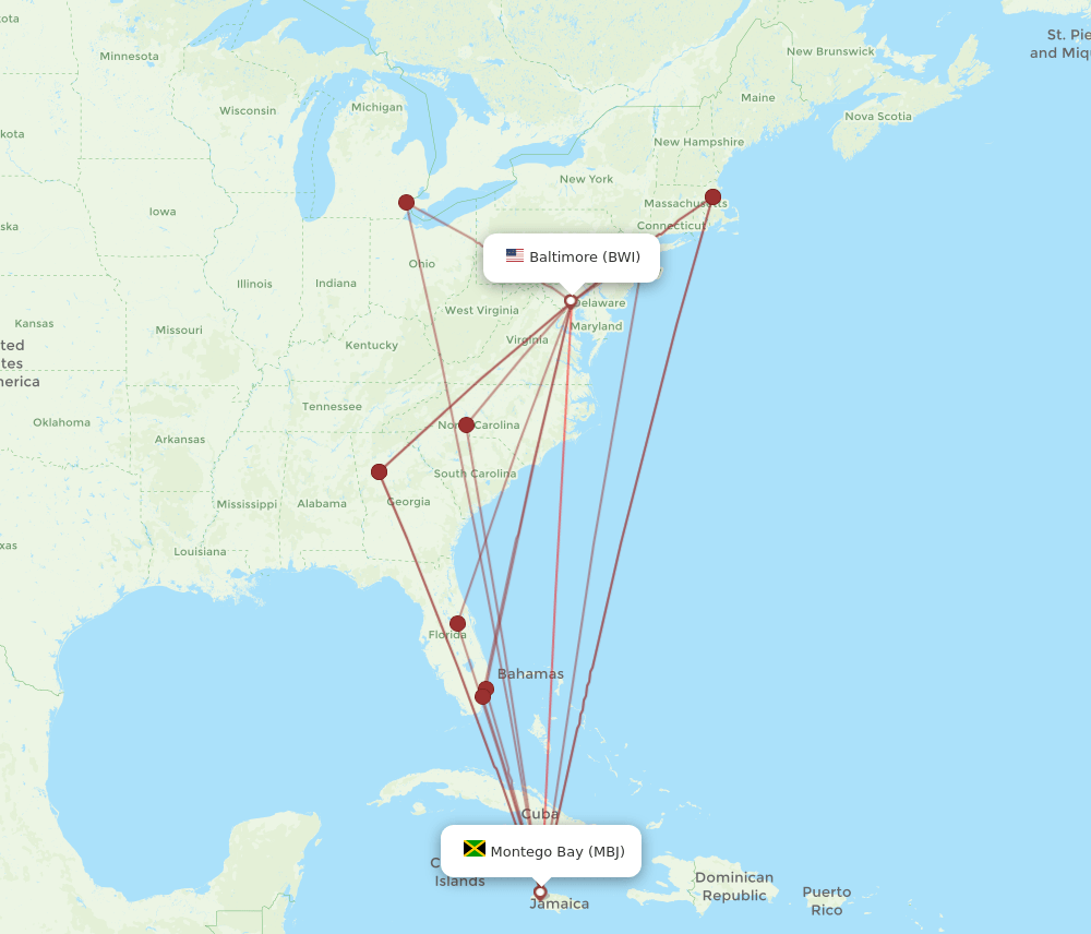 BWI to MBJ flights and routes map