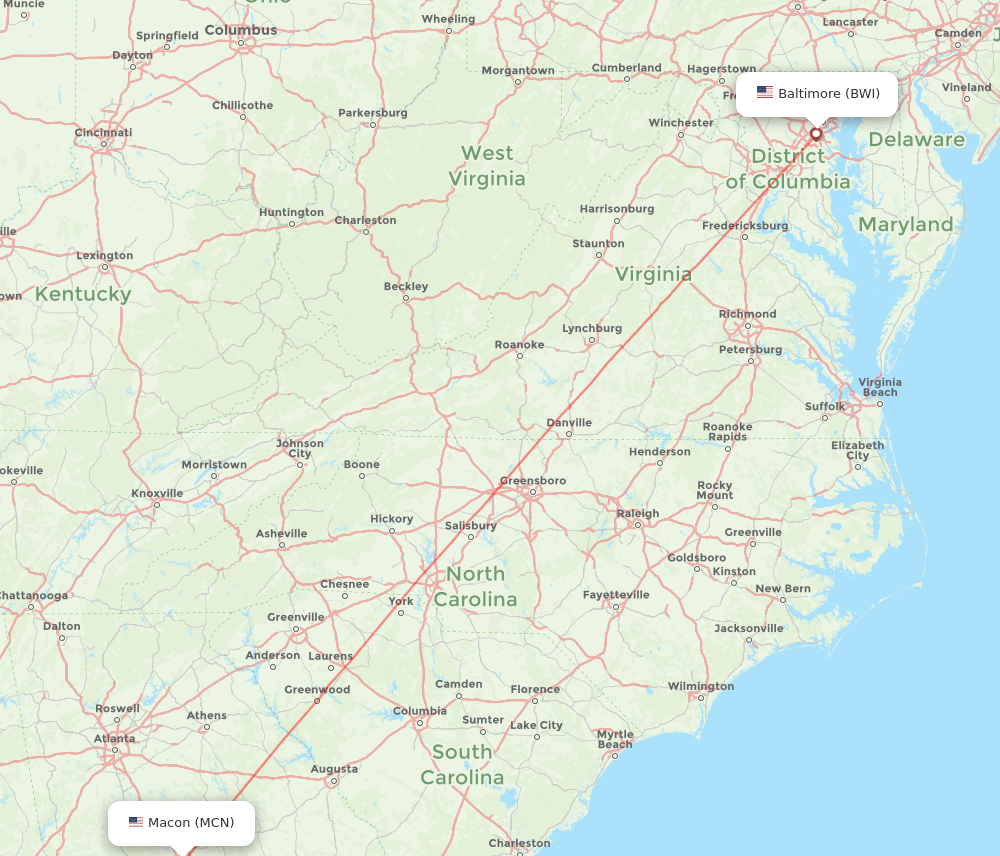 BWI to MCN flights and routes map