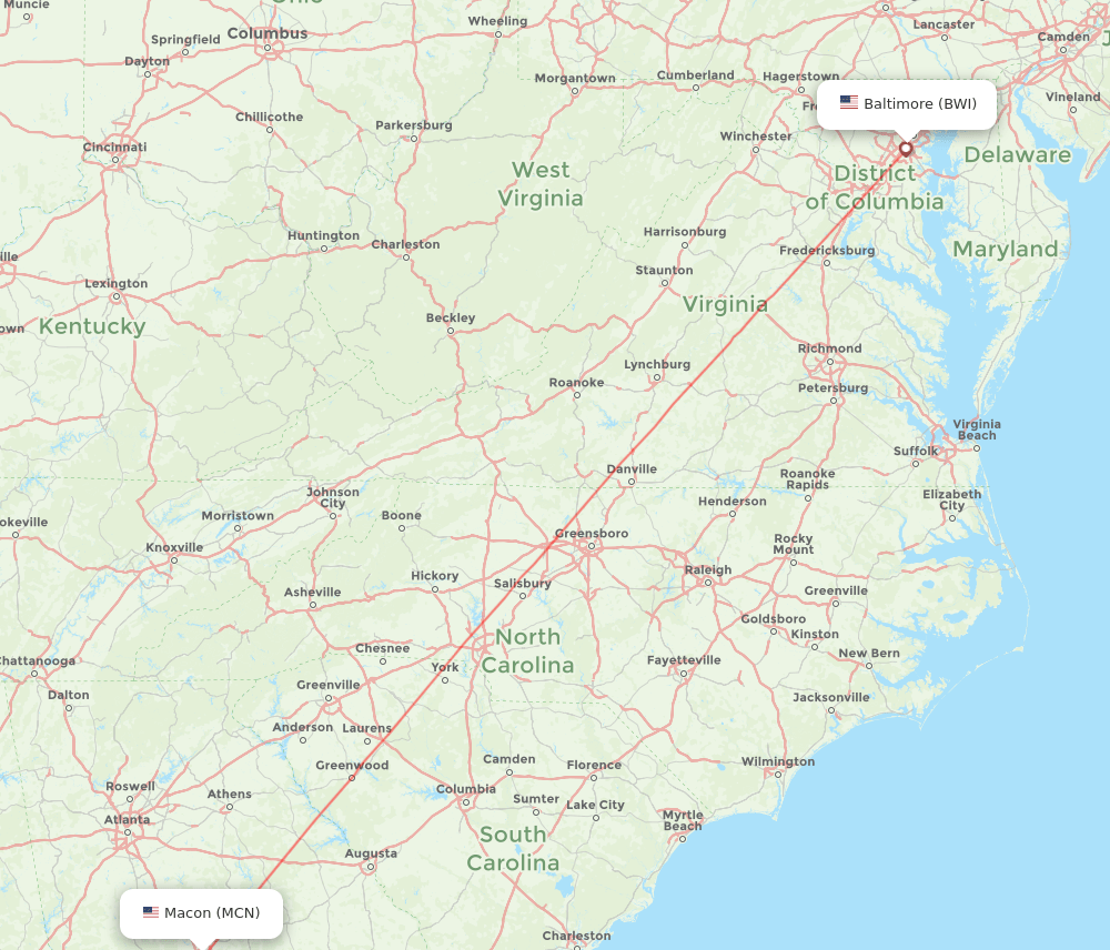 Baltimore - Macon route map and flight paths