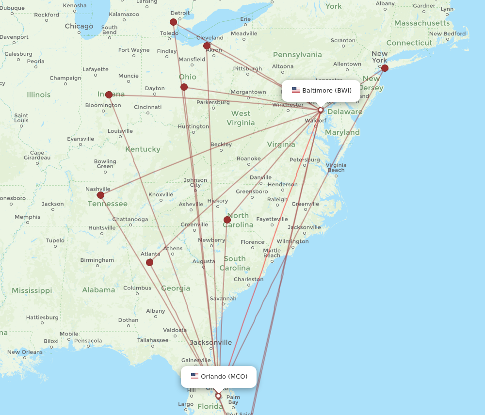 BWI to MCO flights and routes map