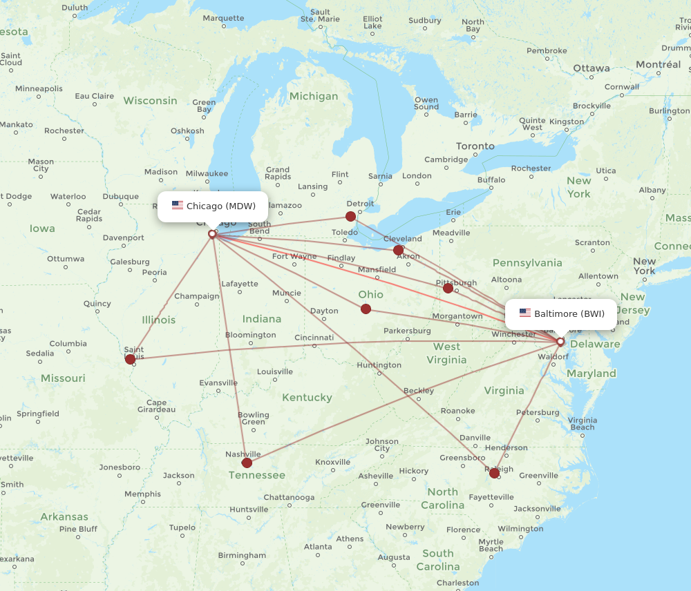 BWI to MDW flights and routes map