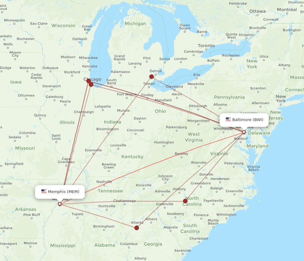 BWI-MEM flight routes