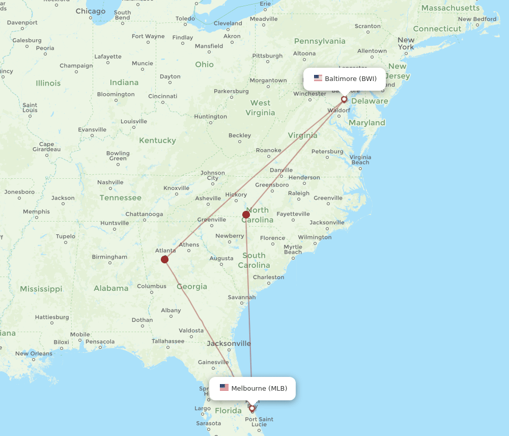 BWI to MLB flights and routes map