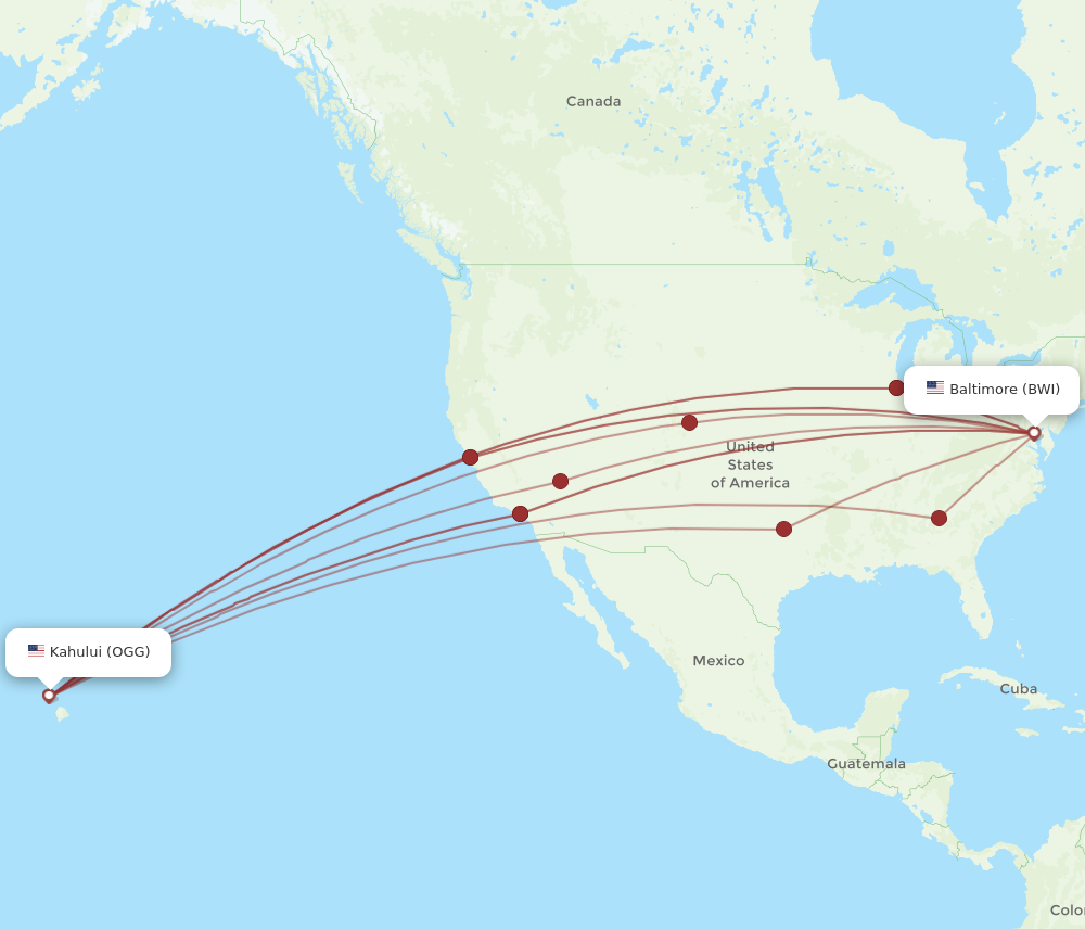 BWI to OGG flights and routes map