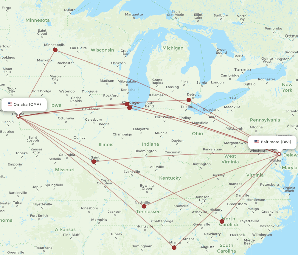 BWI to OMA flights and routes map