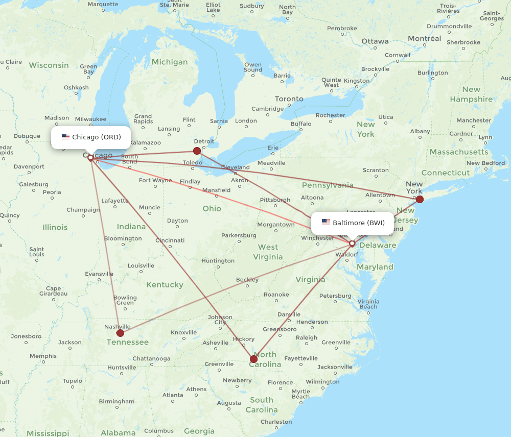 BWI to ORD flights and routes map