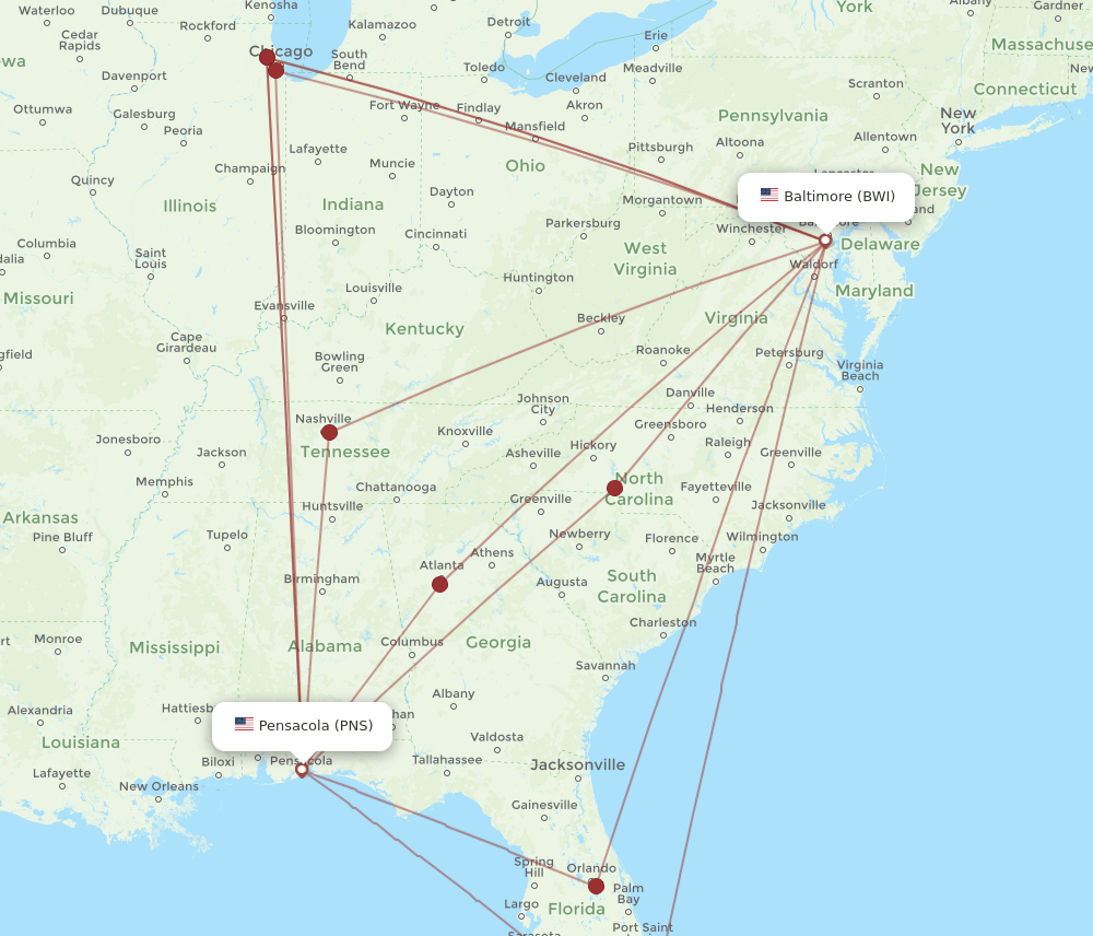 BWI-PNS flight routes