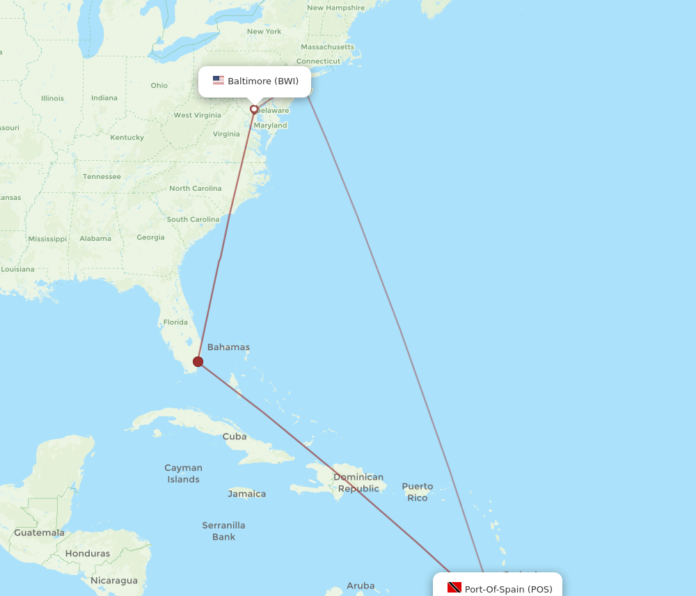 BWI to POS flights and routes map