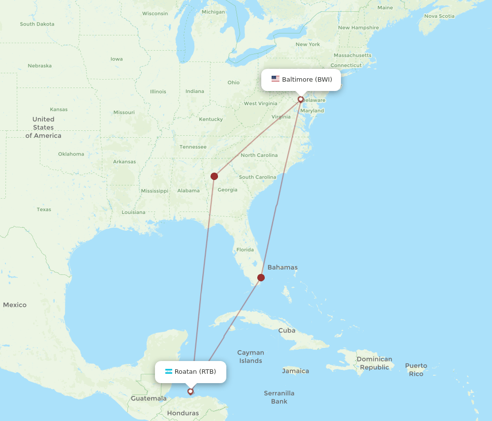 BWI to RTB flights and routes map