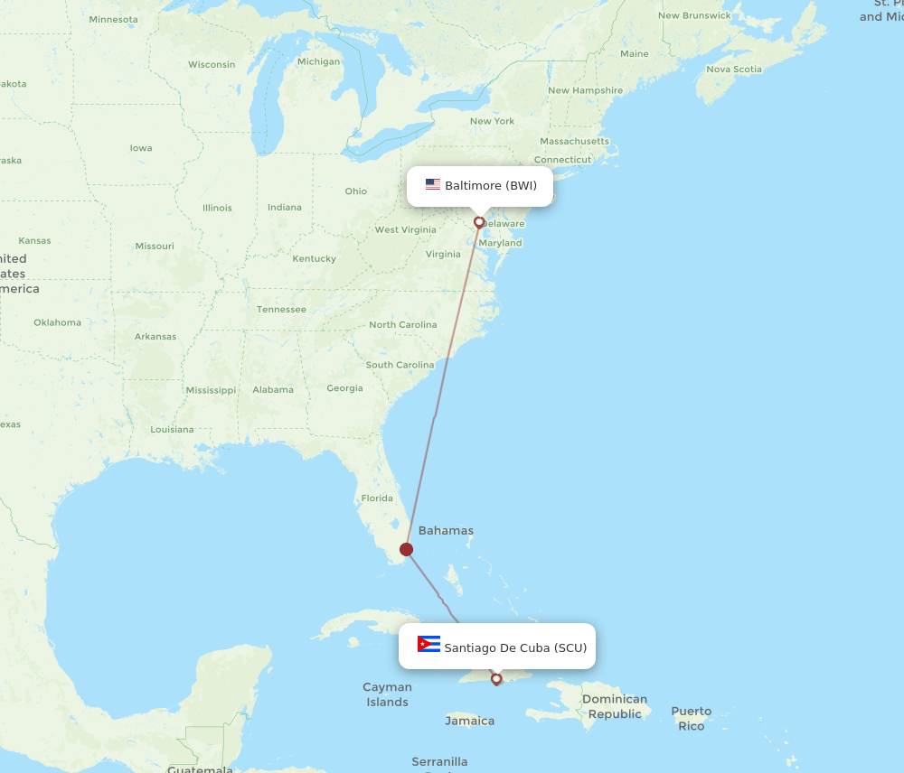 BWI to SCU flights and routes map