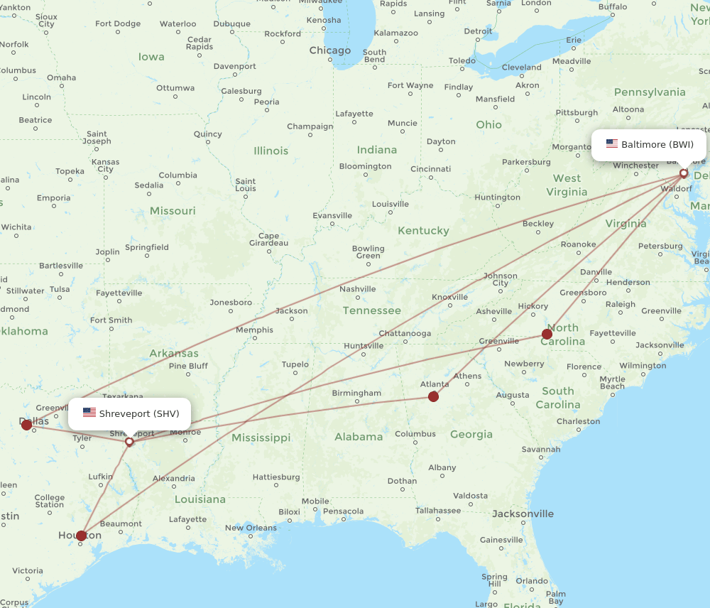 BWI-SHV flight routes