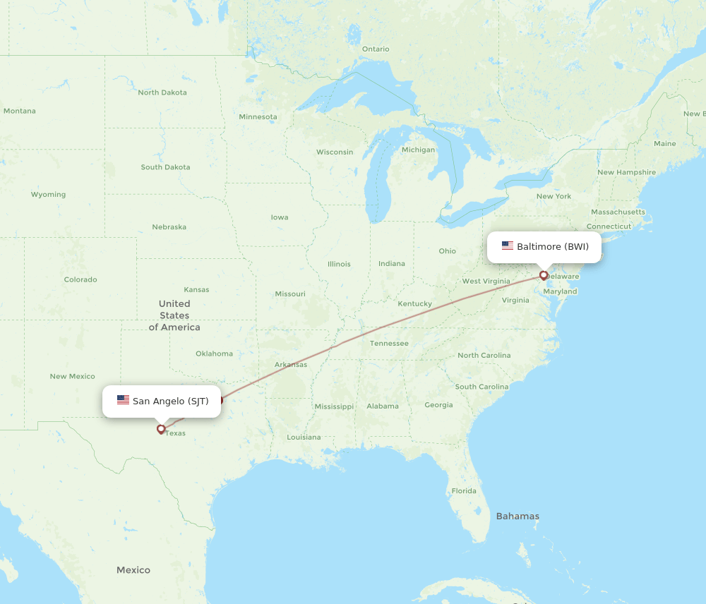 BWI to SJT flights and routes map