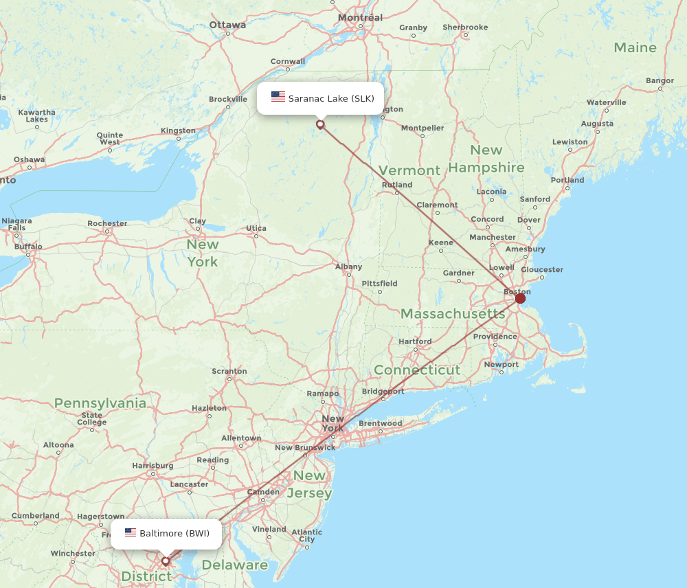 BWI to SLK flights and routes map