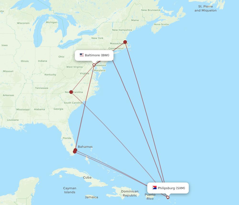BWI to SXM flights and routes map