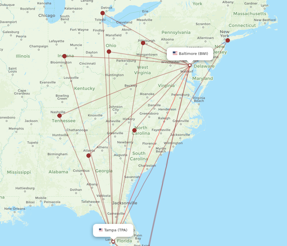 BWI to TPA flights and routes map