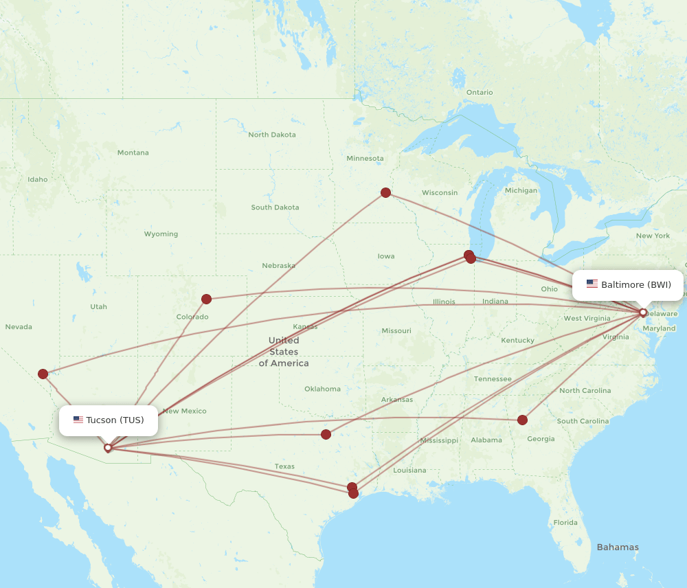 BWI to TUS flights and routes map