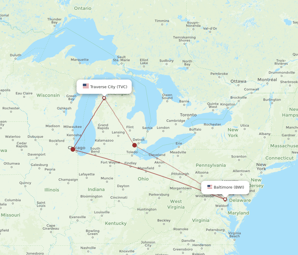 BWI to TVC flights and routes map