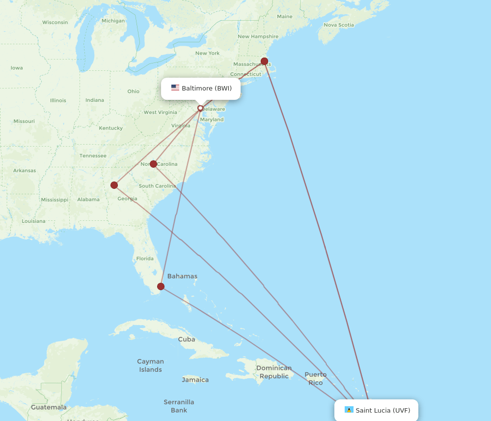 BWI to UVF flights and routes map