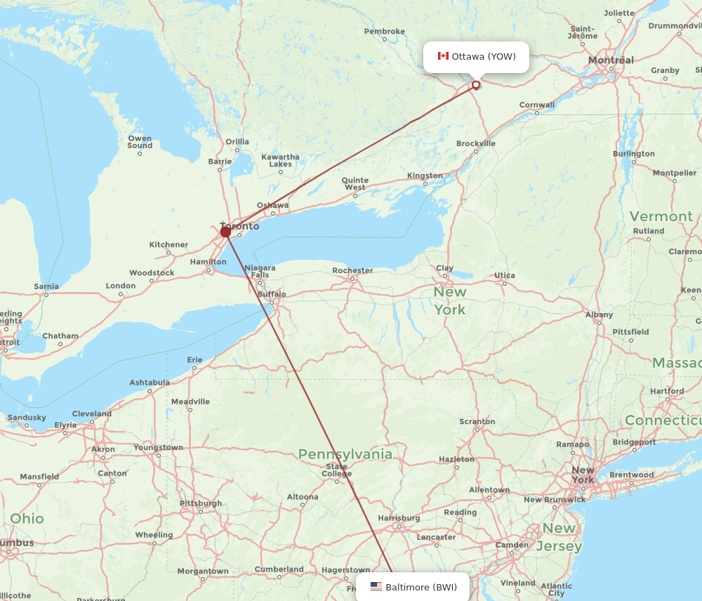 Baltimore - Ottawa route map and flight paths