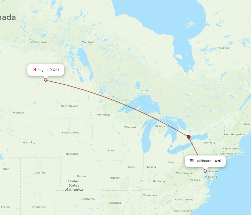 Regina - Baltimore route map and flight paths