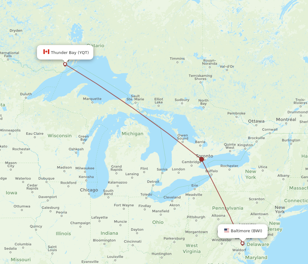 Baltimore - Thunder Bay route map and flight paths