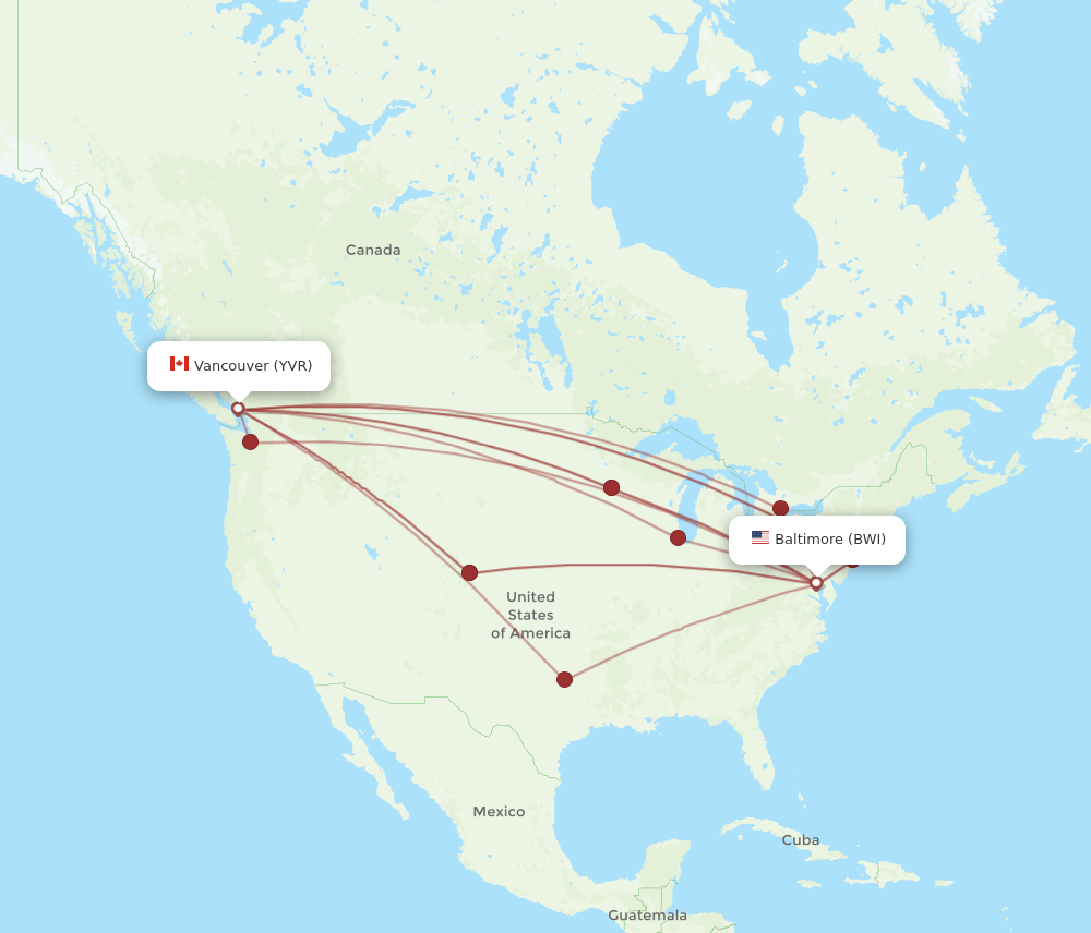 BWI to YVR flights and routes map