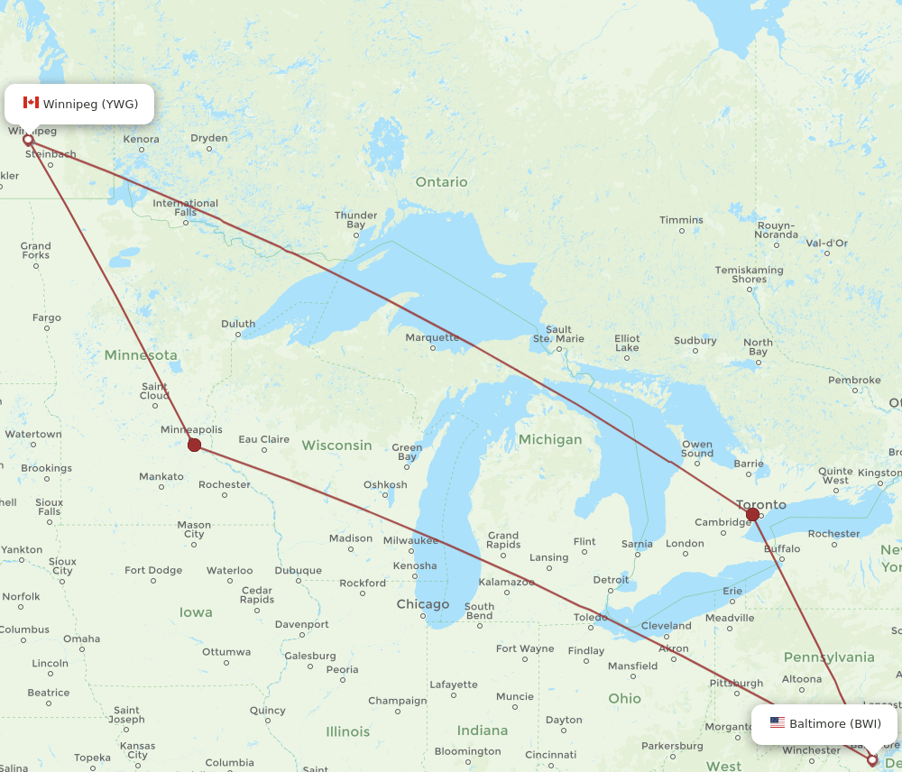 Winnipeg - Baltimore route map and flight paths