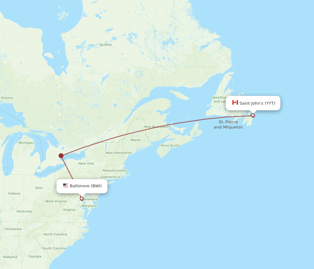Baltimore - St. John's route map and flight paths